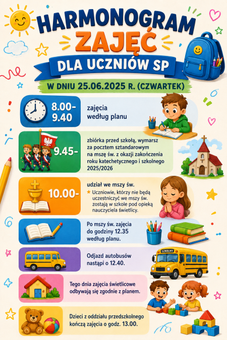 Harmonogram zajęć w szkole podstawowej w dniu 25.06.2026 (czwartek)